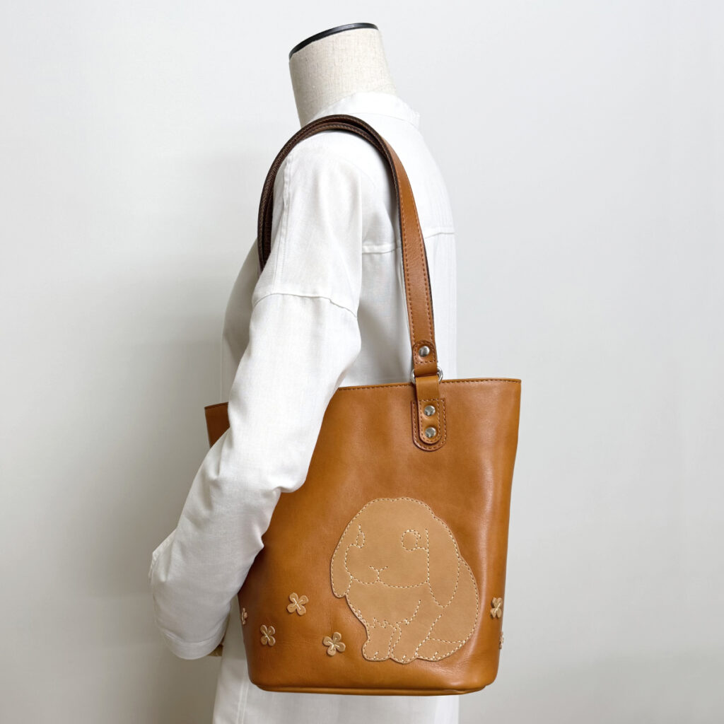 本革バケツ型バッグ（たれ耳B・ブラウン） - うさぎのバッグ工房 RABBIT MOTIF(ラビットモチーフ)